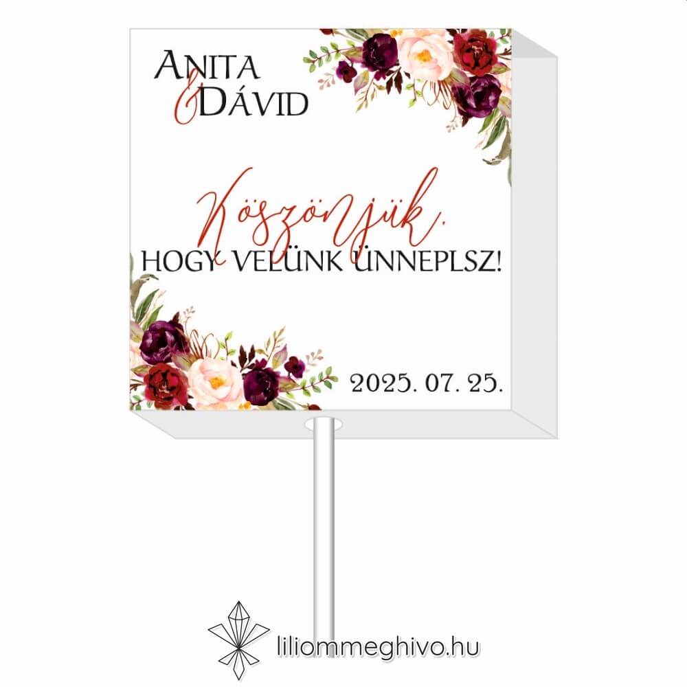 Burgundy esküvői vendégajándék nyalóka bordó virágokkal egyoldalas verzió