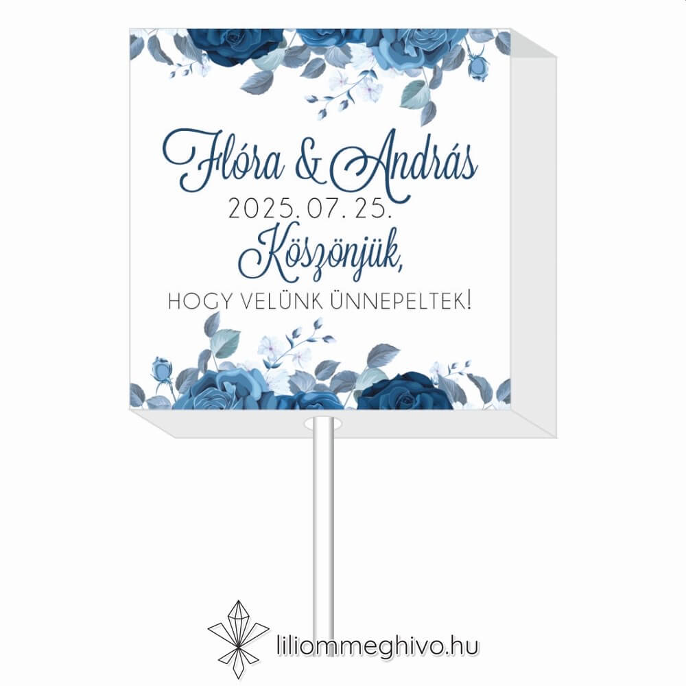 Éjfél esküvői nyalóka vendégajándék téli hangulat kék virágokkal