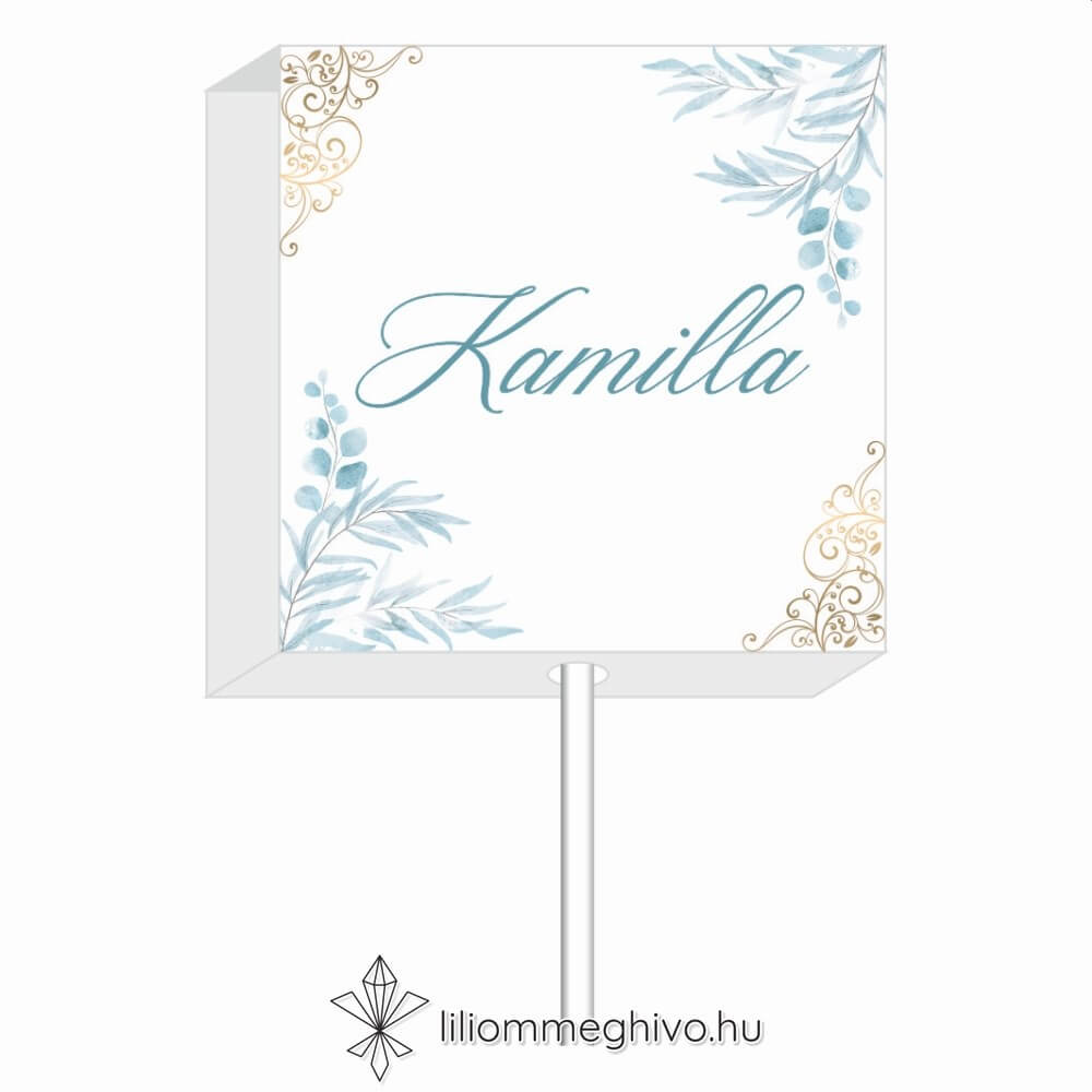 Jégvirág esküvői nyalóka köszönetajándék és ültetőkártya téli esküvőre kék virágok arany minták