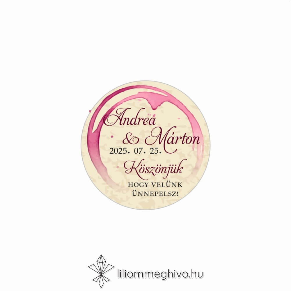 Borkóstoló esküvői matrica vintage hangulat borfoltok kör alak