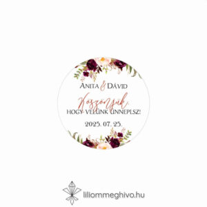 Burgundy esküvői matrica bordó virágokkal kör alak