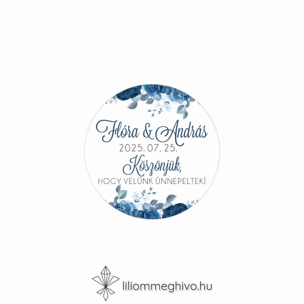 Éjfél esküvői matrica téli hangulat kék virágokkal kör alak