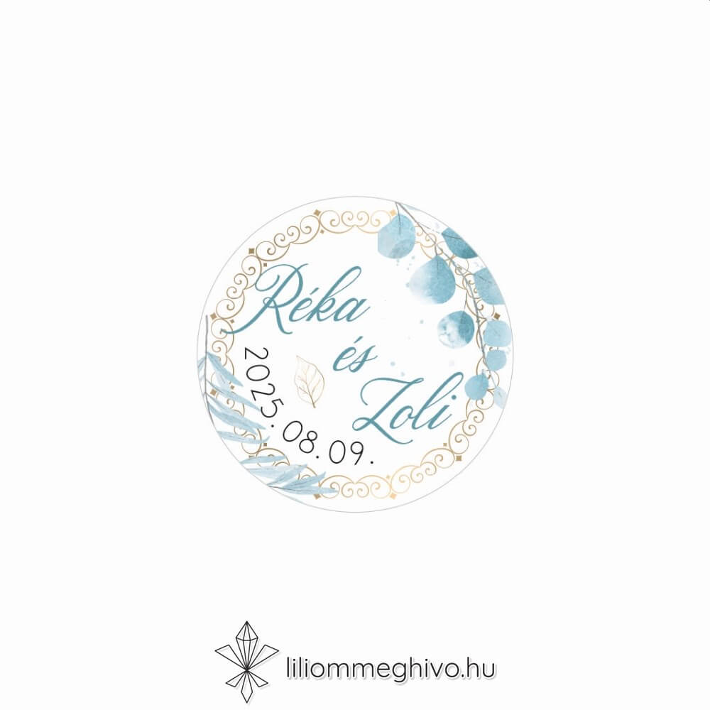Jégvirág esküvői matrica téli esküvőre kék virágok arany minták kör alak