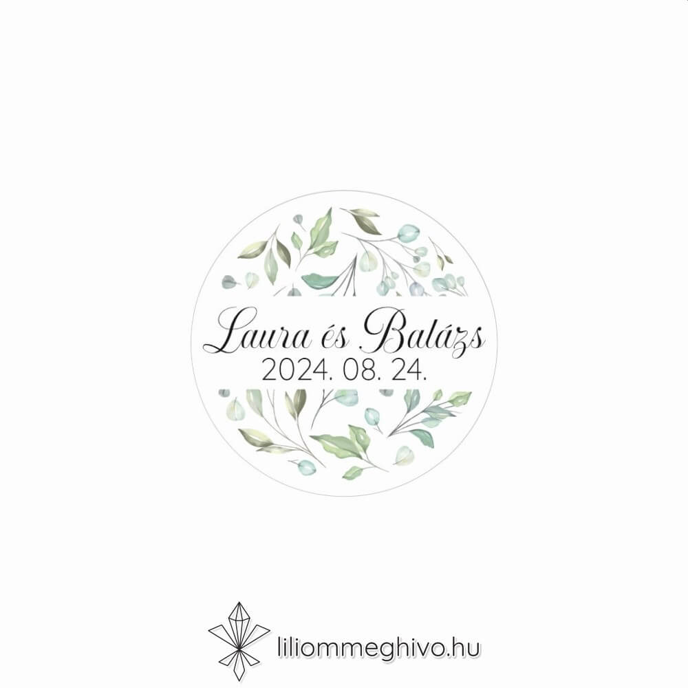Zöldike esküvői matrica greenery hangulat zöld virágokkal kör alak