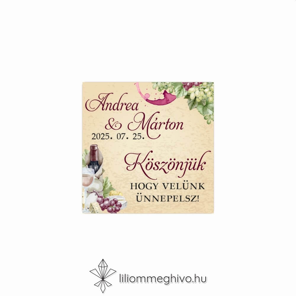 Borkóstoló esküvői matrica vintage hangulat borfoltok négyzetes alak