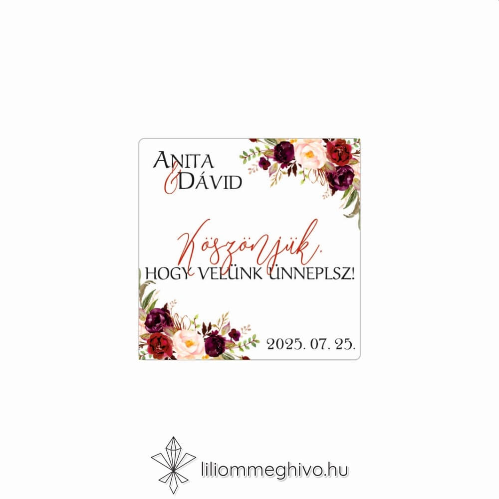 Burgundy esküvői matrica bordó virágokkal négyzet alak