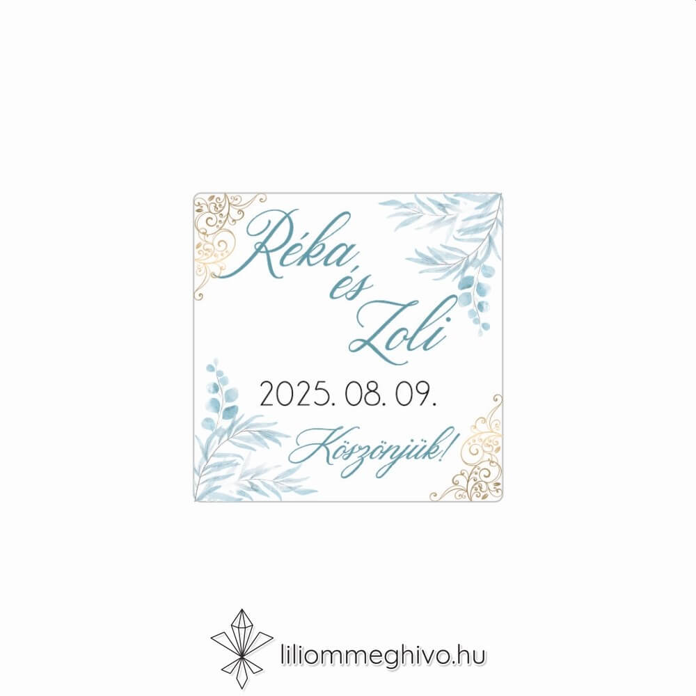 Jégvirág esküvői matrica téli esküvőre kék virágok arany minták négyzetes alak