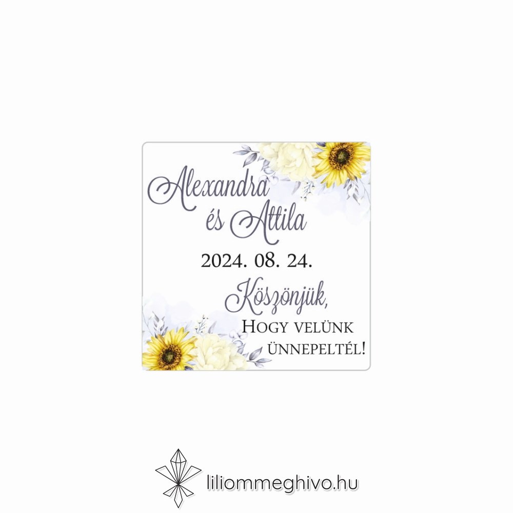 Napraforgó virágos esküvői négyzet alakú matrica