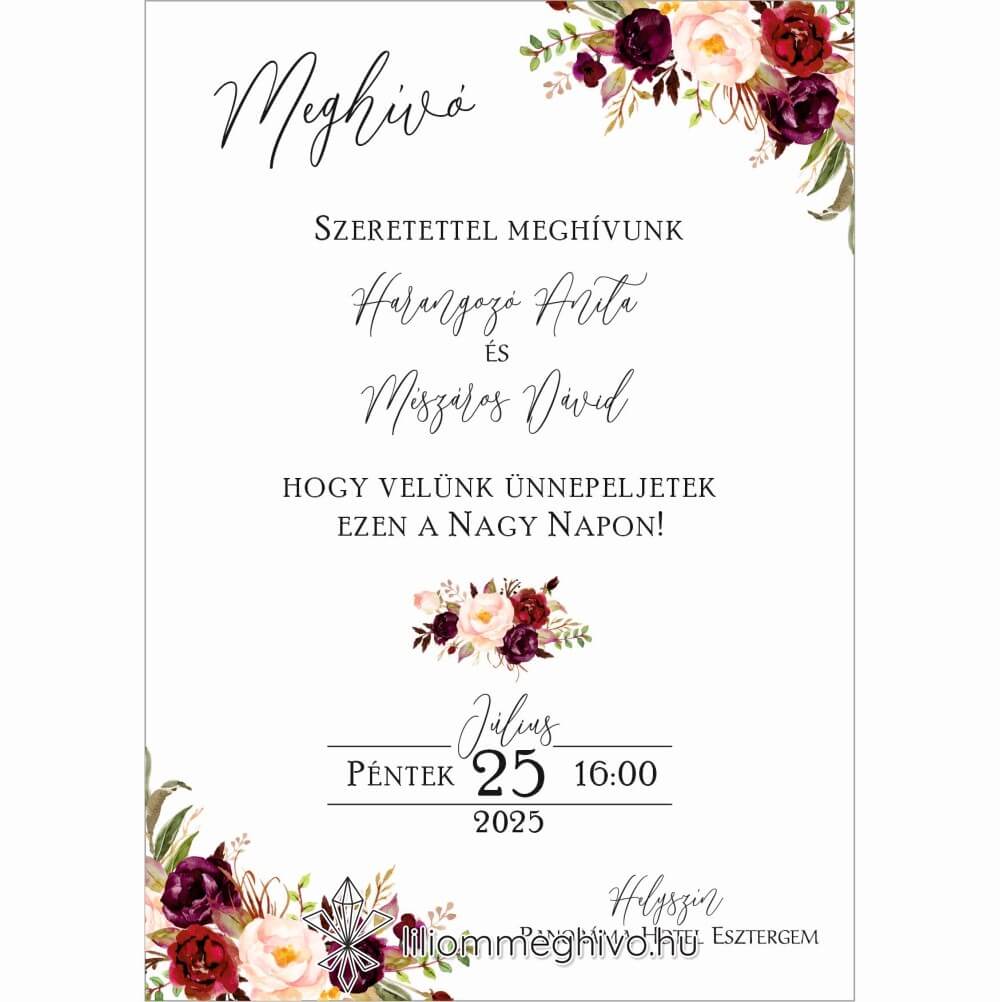 Burgundy esküvői meghívó bordó virágokkal egyoldalas verzió