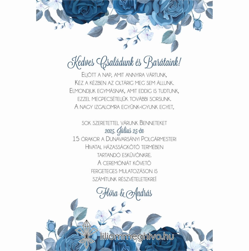 Éjfél esküvői meghívó téli hangulat kék virágokkal egyoldalas verzió