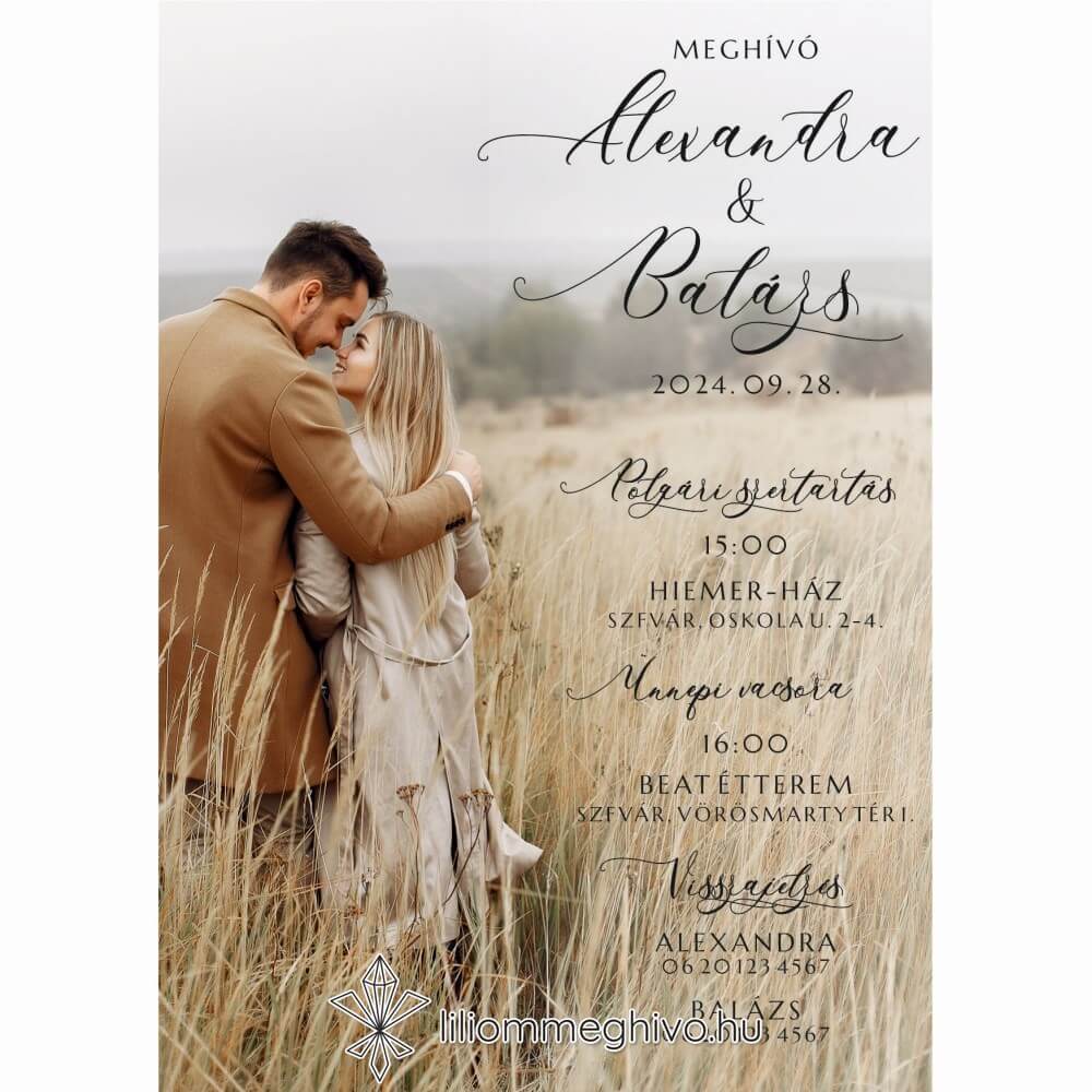 Kalligráfikus esküvői meghívó kanyargó betűkkel és fényképpel egyoldalas változat