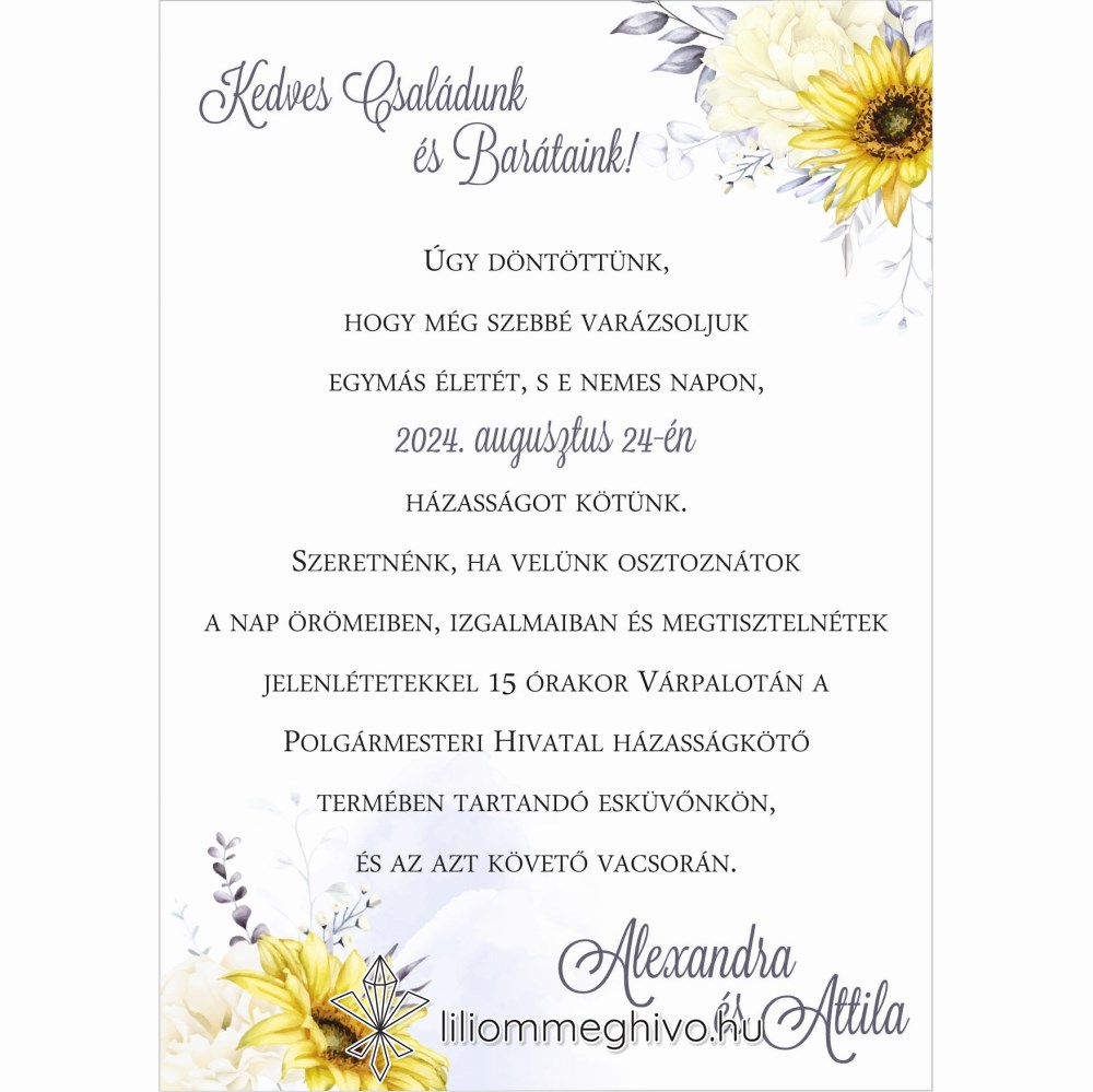 Napraforgóval díszített egyoldalas meghívó