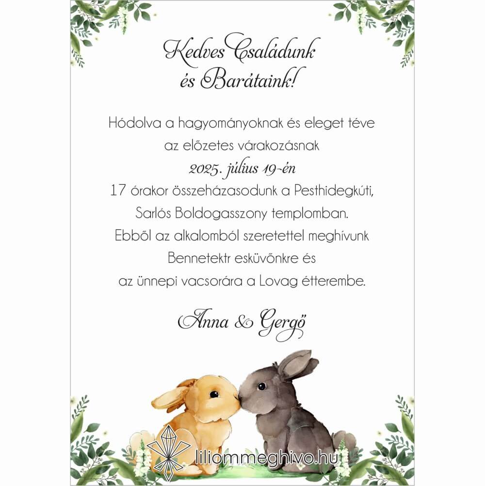 Tappancs esküvői meghívó greenery minták nyuszikkal egyoldalas verzió