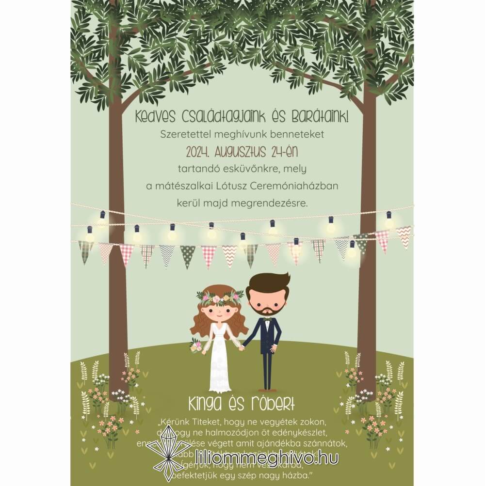 Tisztás esküvői meghívó rajzolt ifjú pár és esküvő egyoldalas változat