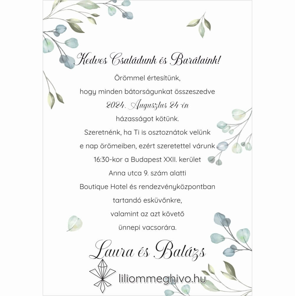 Zöldike esküvői meghívó greenery hangulat zöld virágokkal egyoldalas verzió