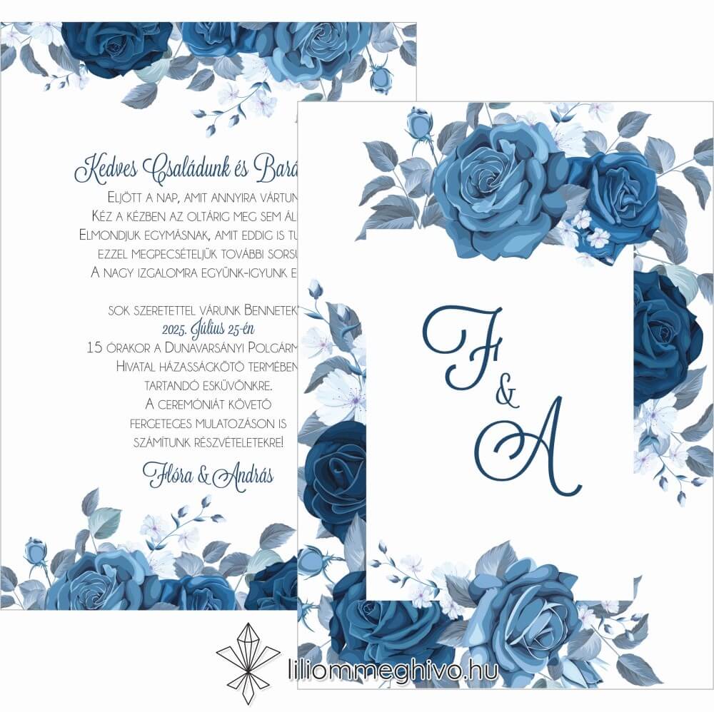 Éjfél esküvői meghívó téli hangulat kék virágokkal kétoldalas verzió