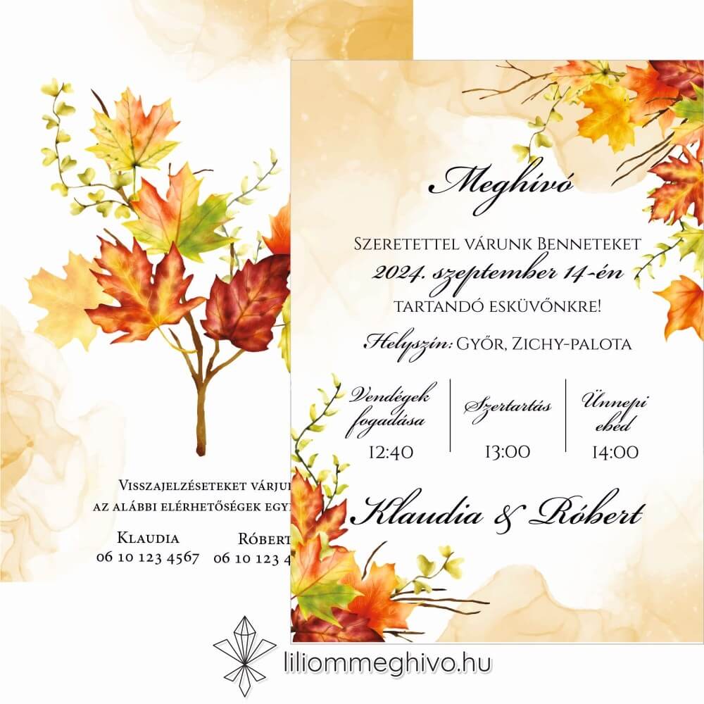 eskuvoi-meghivo-ketoldalas-falevelek-liliommeghivo Falevelekkel díszített kétoldalas meghívó