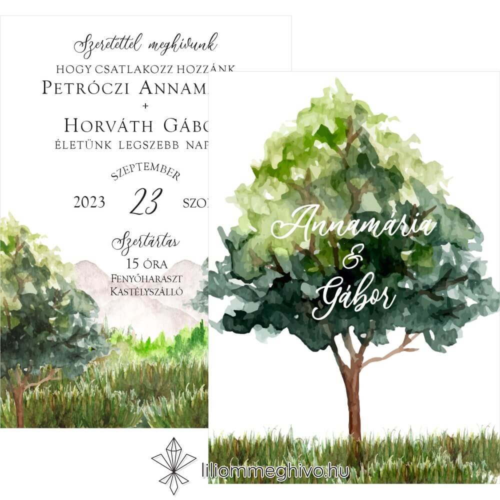 eskuvoi-meghivo-ketoldalas-harsliget-liliommeghivo Zöld fákkal díszített kétoldalas meghívó