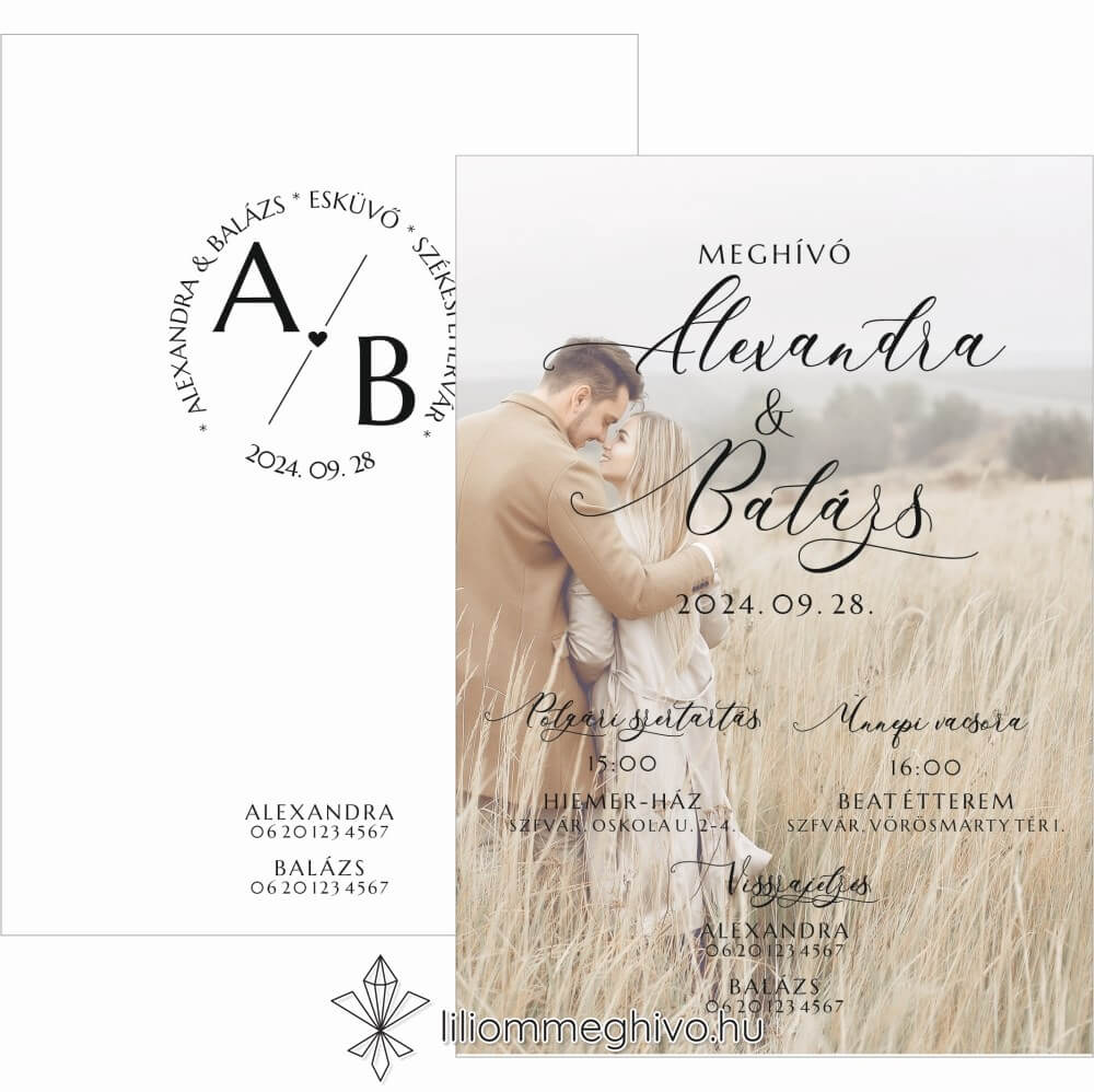 Kalligráfikus esküvői meghívó kanyargó betűkkel és fényképpel kétoldalas változat