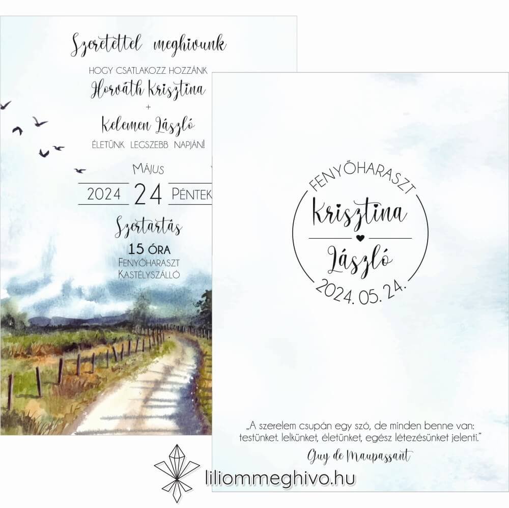 Ösvény esküvői meghívó festett és utazós hangulat kétoldalas verzió