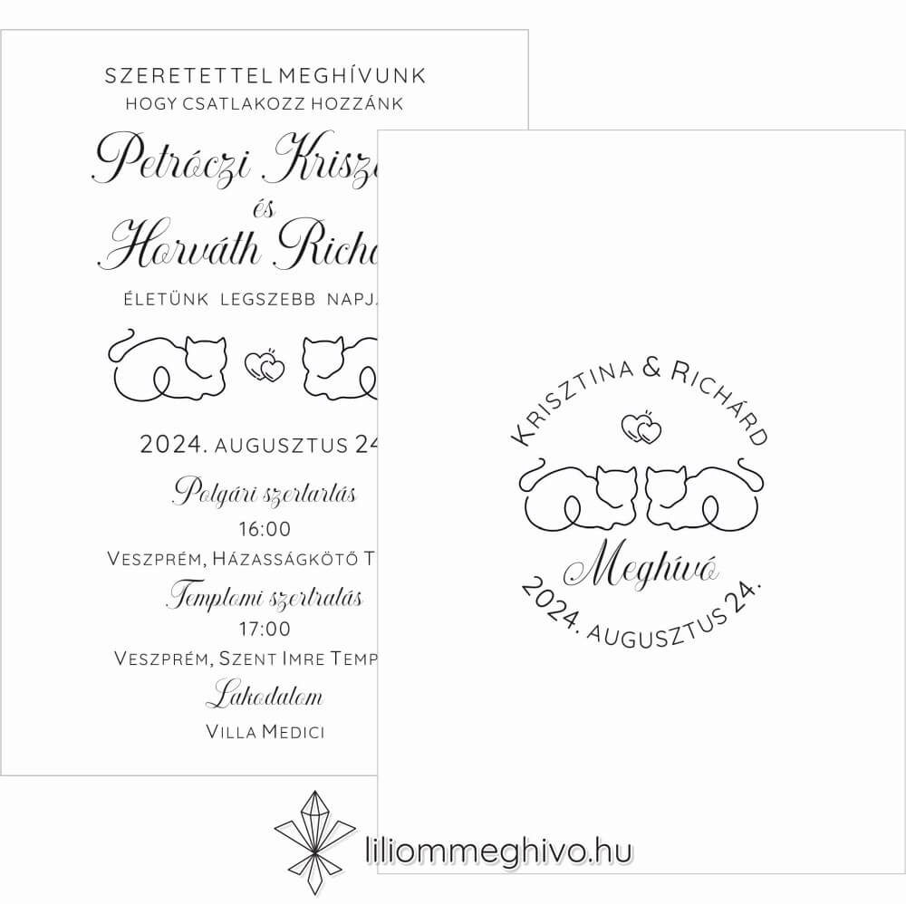 eskuvoi-meghivo-ketoldalas-sziami-liliommeghivo Rajzolt cicás Sziámi kétoldalas meghívó