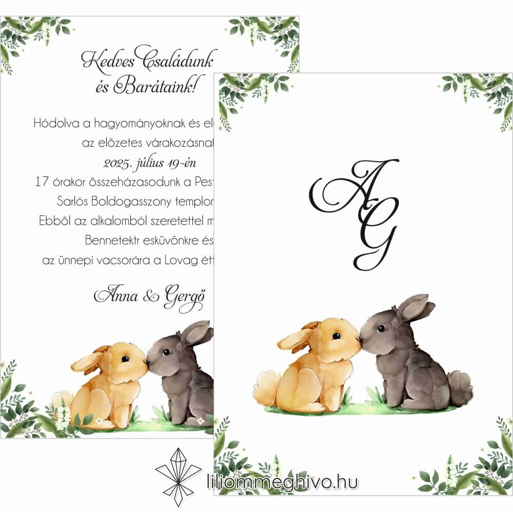 Tappancs esküvői meghívó greenery minták nyuszikkal kétoldalas verzió