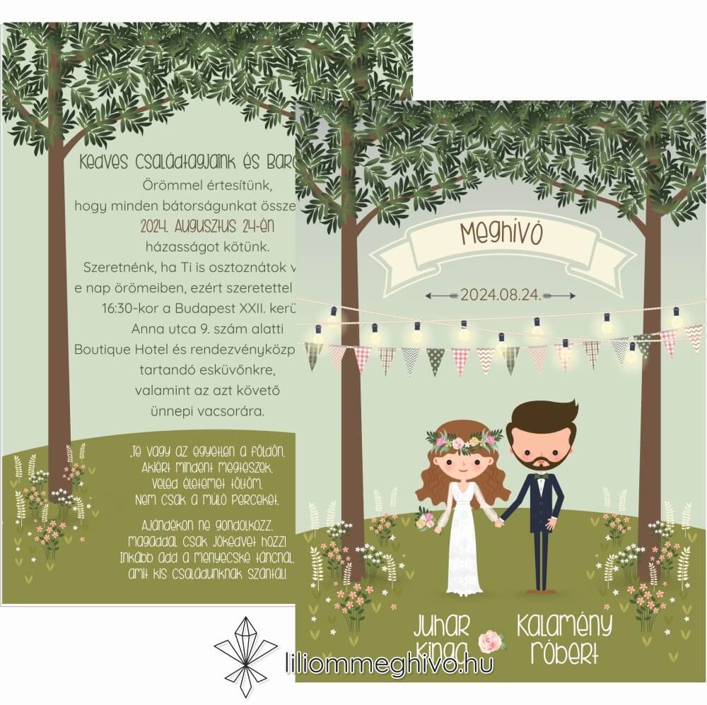 eskuvoi-meghivo-ketoldalas-tisztas-liliommeghivo Tisztás esküvői meghívó rajzolt ifjú pár és esküvő kétoldalas változat