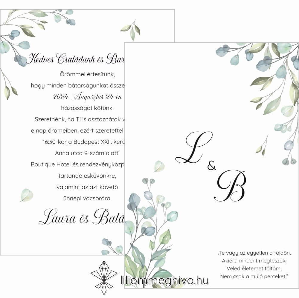 eskuvoi-meghivo-ketoldalas-zoldike-liliommeghivo Zöldike esküvői meghívó greenery hangulat zöld virágokkal kétoldalas verzió