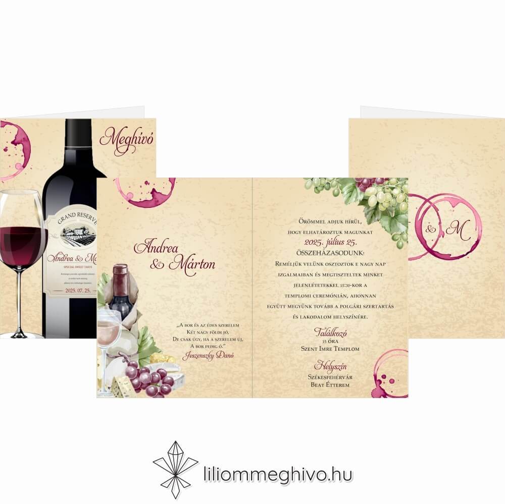 eskuvoi-meghivo-negyoldalas-borkostolo-liliommeghivo Borkóstoló esküvői meghívó vintage hangulat borfoltok négyoldalas verzió