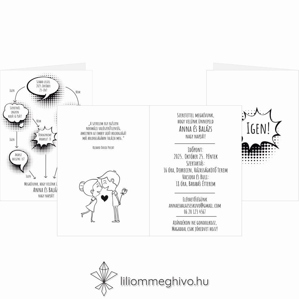 eskuvoi-meghivo-negyoldalas- buborek-liliommeghivo Buborék esküvői meghívó modern és képregényes hangulat fekete.fehér négyoldalas verzió