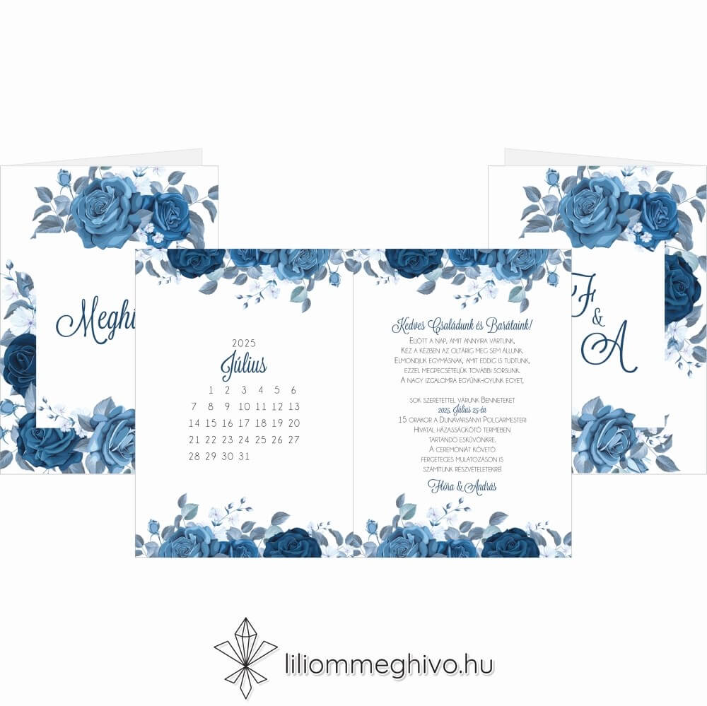 Éjfél esküvői meghívó téli hangulat kék virágokkal négyoldalas verzió