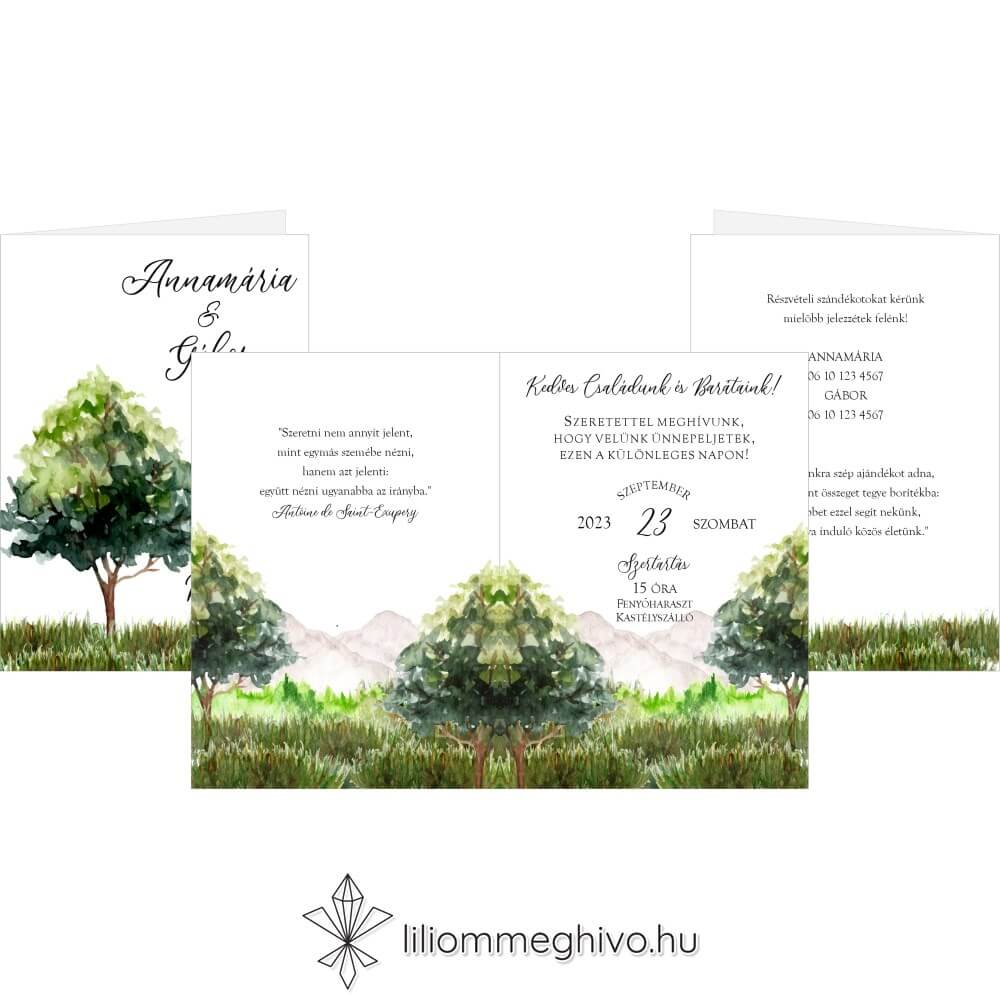 eskuvoi-meghivo-negyoldalas-harsliget-liliommeghivo Zöld fákkal díszített négyoldalas meghívó