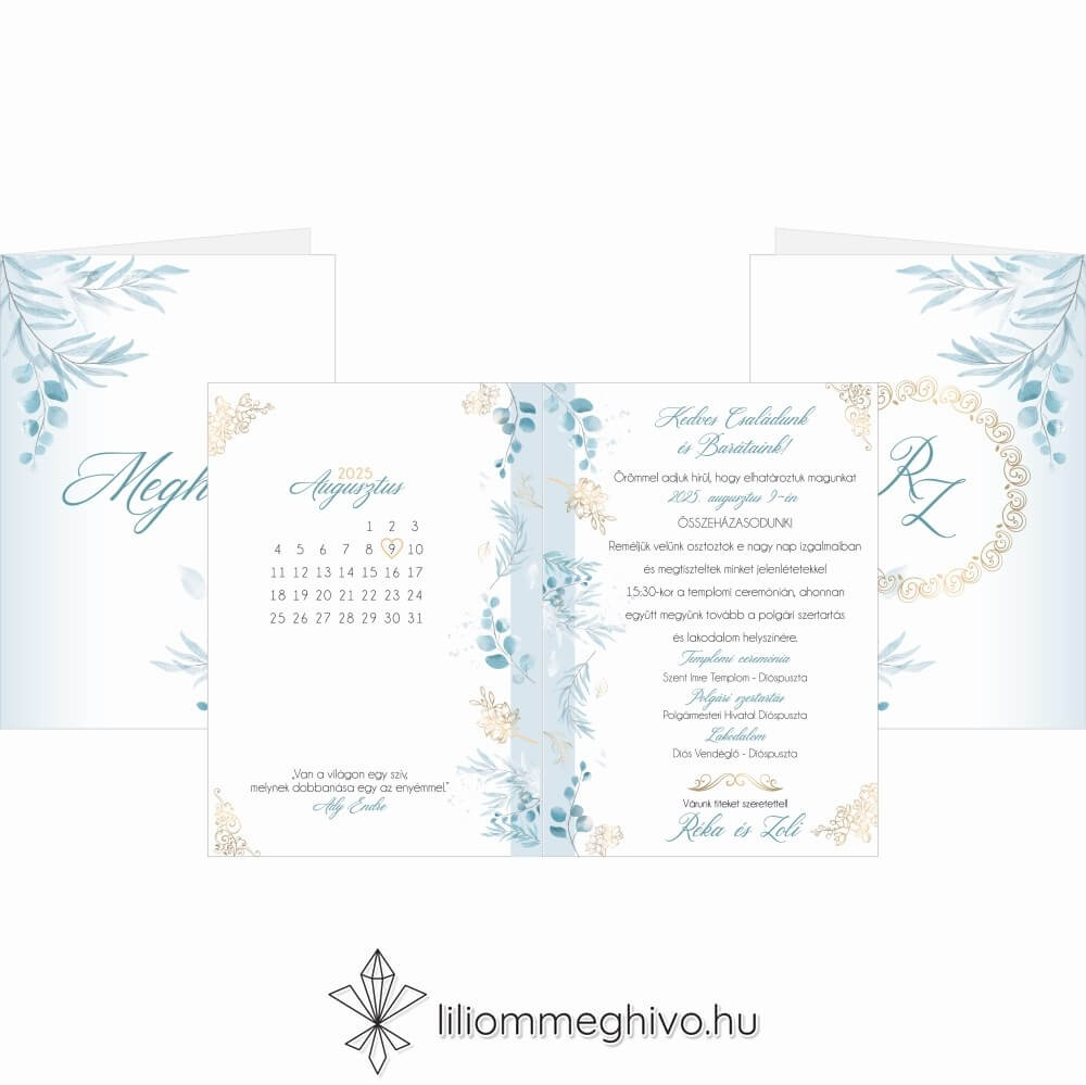 eskuvoi-meghivo-negyoldalas-jegvirag-liliommeghivo Jégvirág esküvői meghívó téli esküvőre kék virágok arany minták négyoldalas verzió