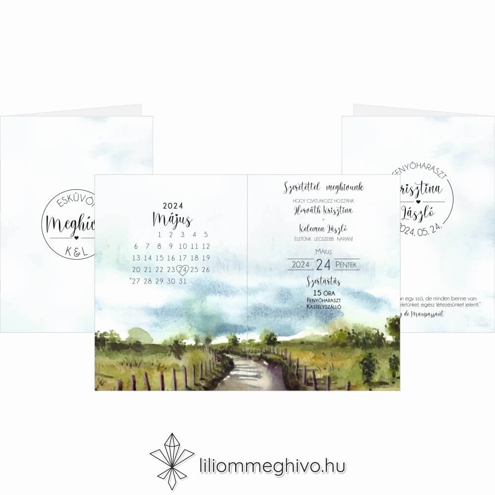 Ösvény esküvői meghívó festett és utazós hangulat négyoldalas verzió