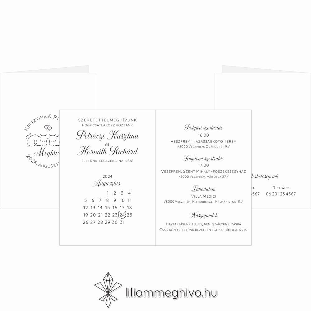 eskuvoi-meghivo-negyoldalas-sziami-liliommeghivo Rajzolt cicás Sziámi négyoldalas meghívó