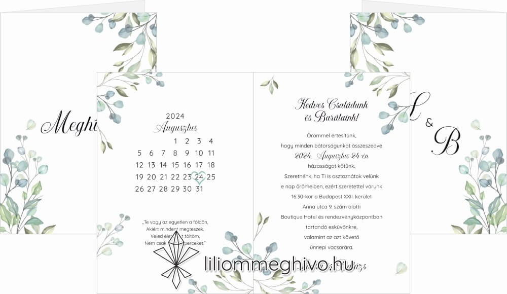 eskuvoi-meghivo-negyoldalas-zoldike-liliommeghivo Zöldike esküvői meghívó greenery hangulat zöld virágokkal négyoldalas verzió