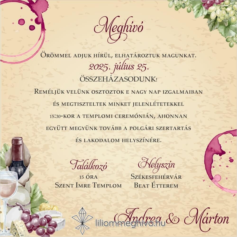 eskuvoi-meghivo-negyzet-borkostolo-liliommeghivo Borkóstoló esküvői meghívó vintage hangulat borfoltok négyzetes verzió