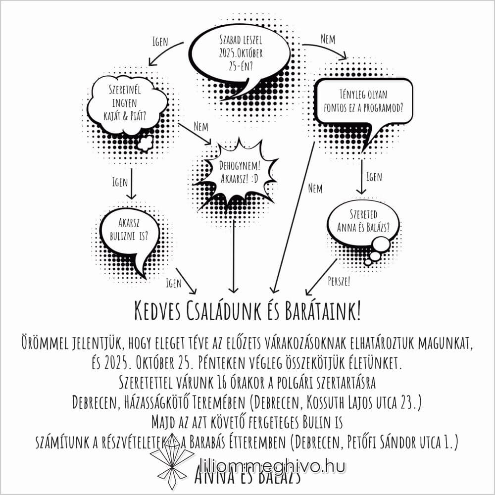 eskuvoi-meghivo-negyzet- buborek-liliommeghivo Buborék esküvői meghívó modern és képregényes hangulat fekete.fehér négyzetes verzió