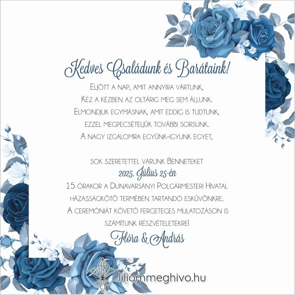 Éjfél esküvői meghívó téli hangulat kék virágokkal négyzetes verzió