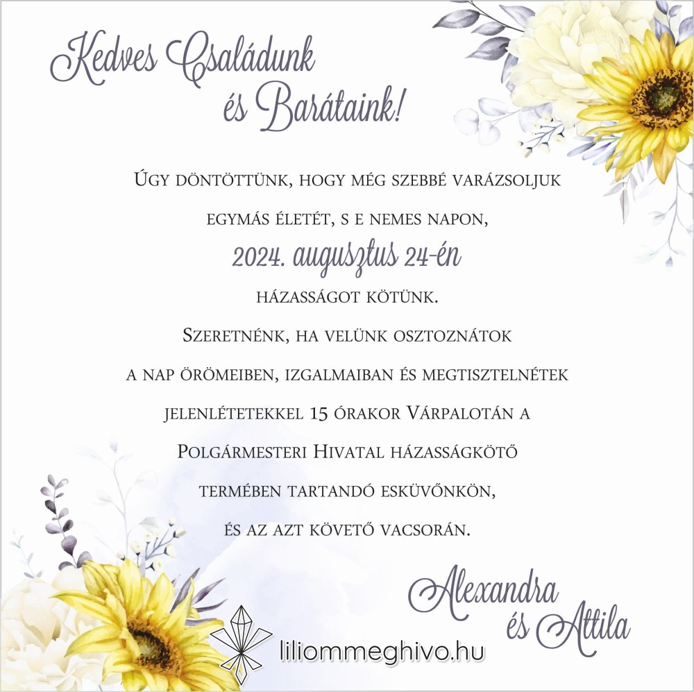 eskuvoi-meghivo-negyzet-napraforgo-liliommeghivo Napraforgóval díszített négyzetes esküvői meghívó