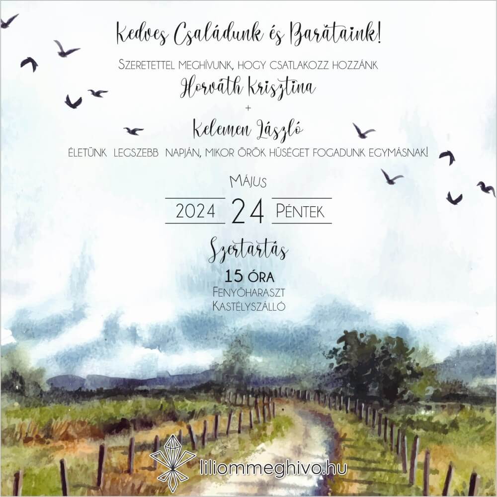 Ösvény esküvői meghívó festett és utazós hangulat négyzetes verzió