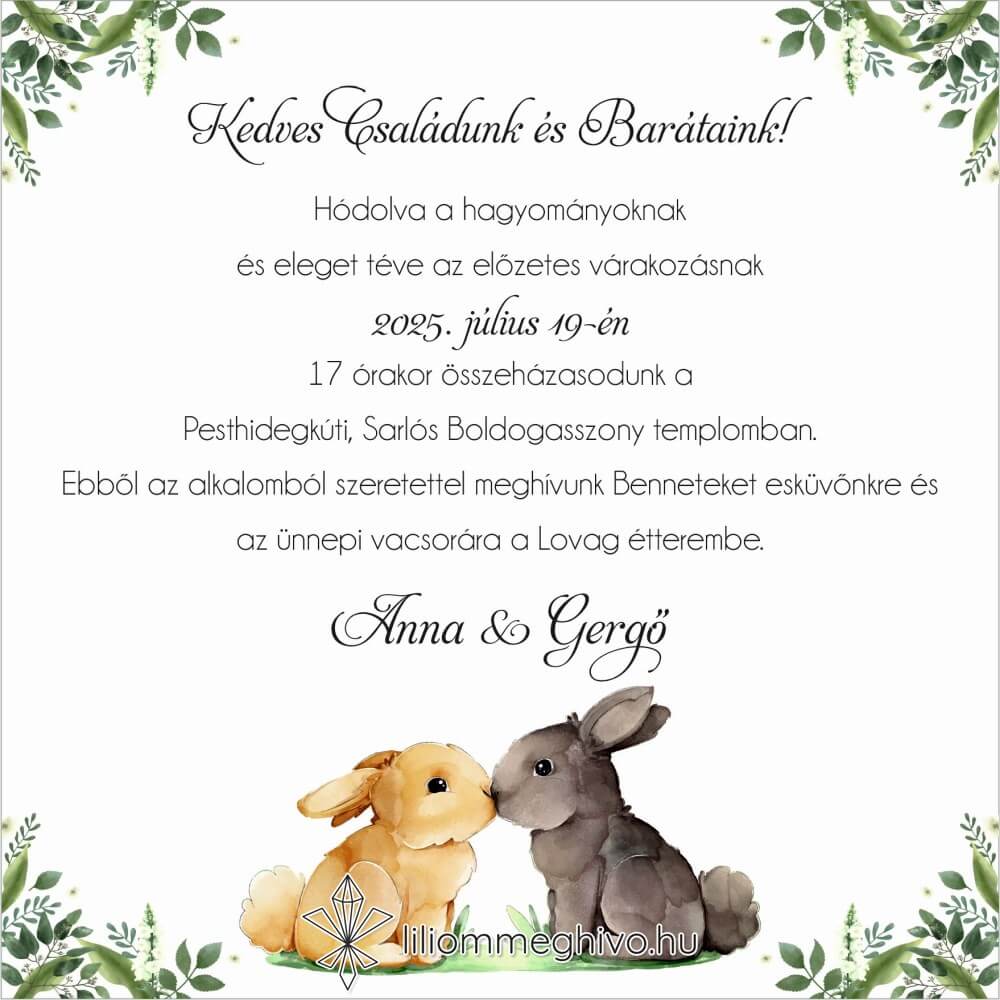 Tappancs esküvői meghívó greenery minták nyuszikkal négyzetes verzió