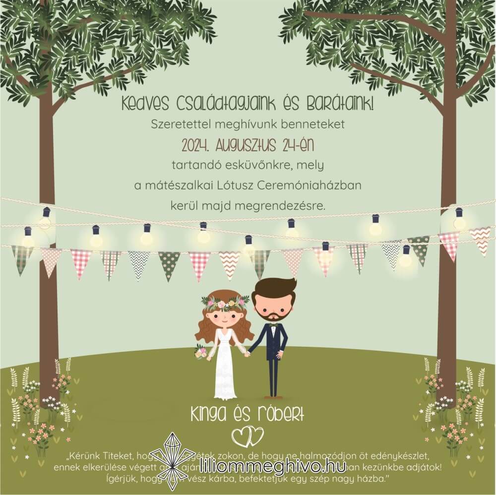 eskuvoi-meghivo-negyzet-tisztas-liliommeghivo Tisztás esküvői meghívó rajzolt ifjú pár és esküvő négyzetes változat