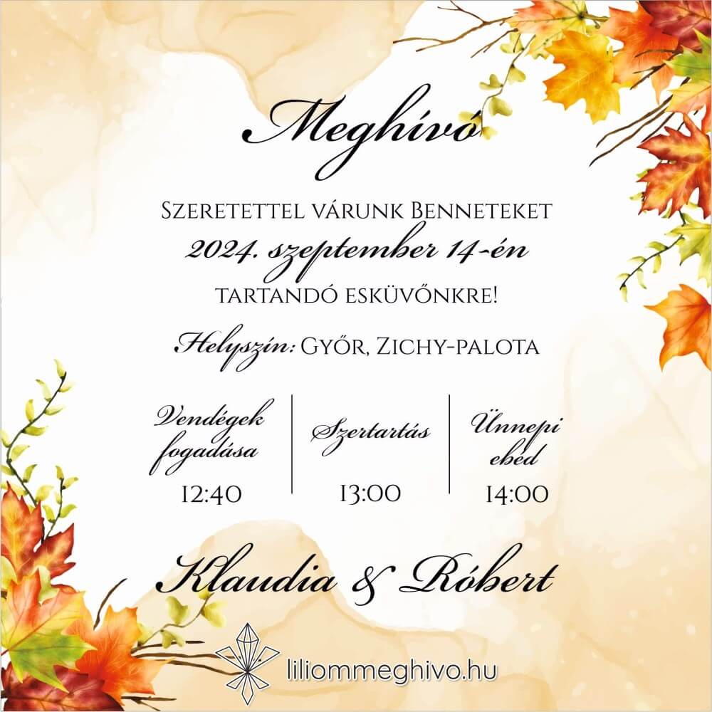 eskuvoi-meghivo-negyzetes-falevelek-liliommeghivo Falevelekkel díszített négyzetes meghívó