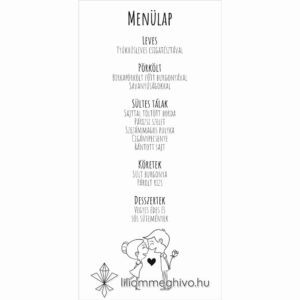 Buborék esküvői menükártya modern és képregényes hangulat fekete.fehér egyoldalas verzió