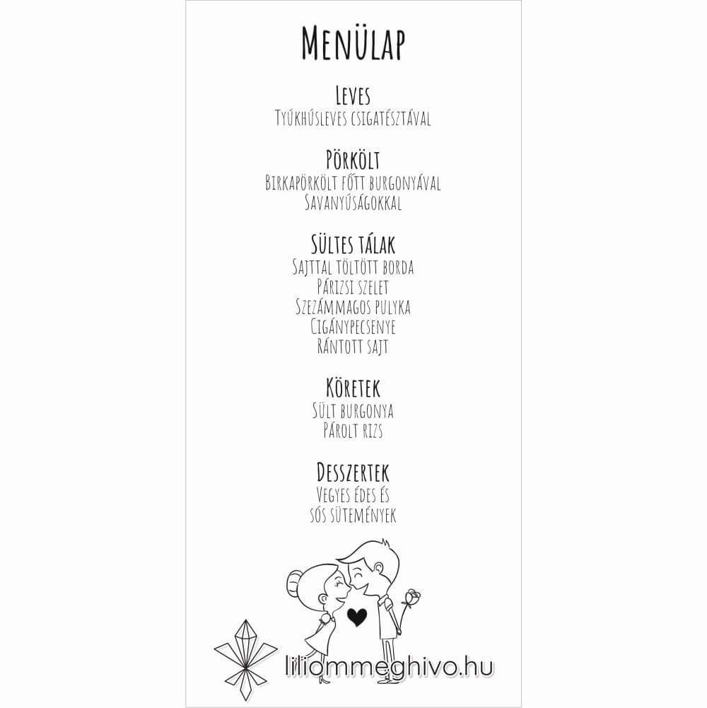 Buborék esküvői menükártya modern és képregényes hangulat fekete.fehér egyoldalas verzió