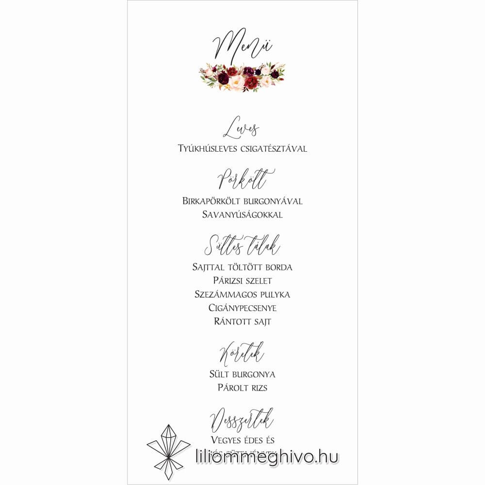 Burgundy esküvői menükártya bordó virágokkal egyoldalas verzió