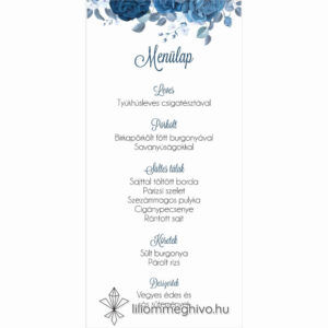 Éjfél esküvői menükártya téli hangulat kék virágokkal egyoldalas