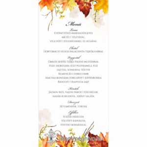 Falevelek esküvői egyoldalas menükártya sárga levelekkel