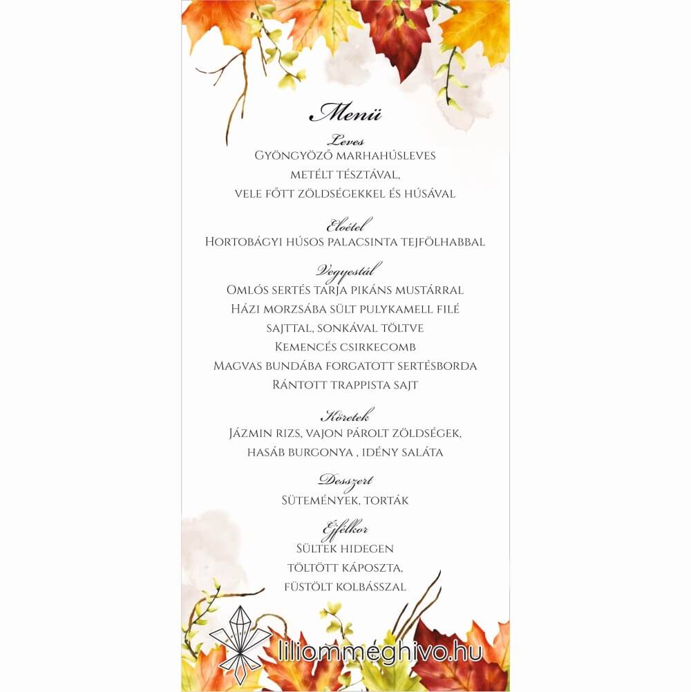 Falevelek esküvői egyoldalas menükártya sárga levelekkel